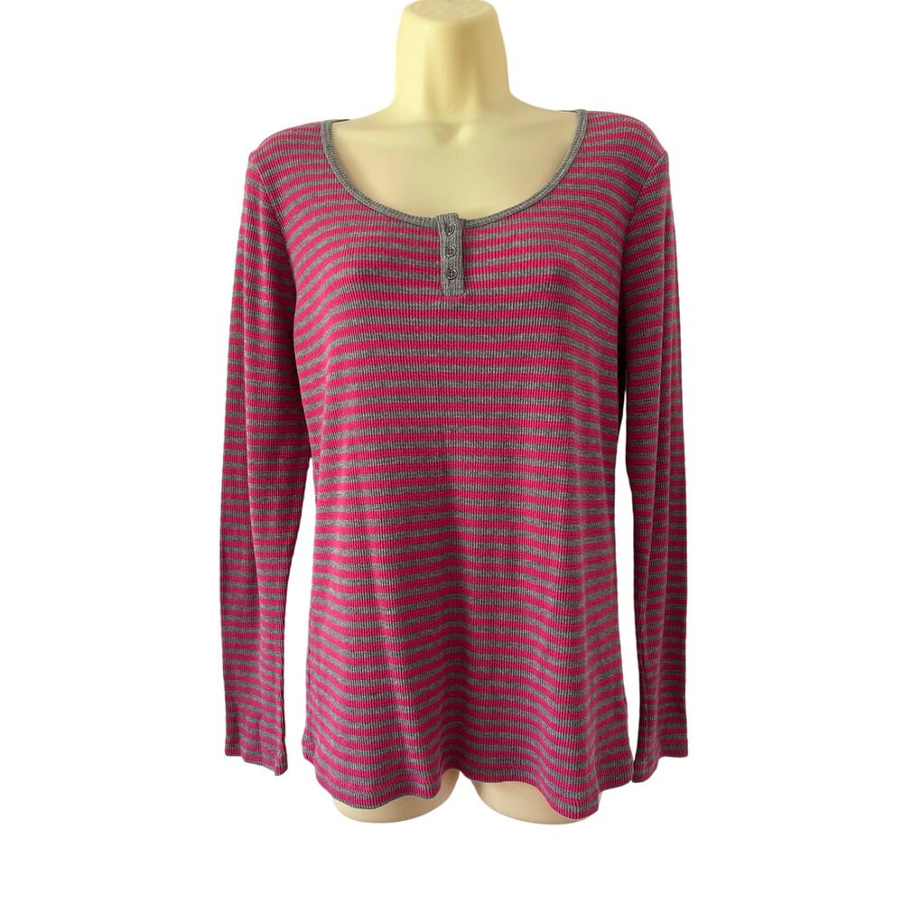Liz Claiborne Pink & Gray Striped Henley Knit Top Size Large Fall Winter